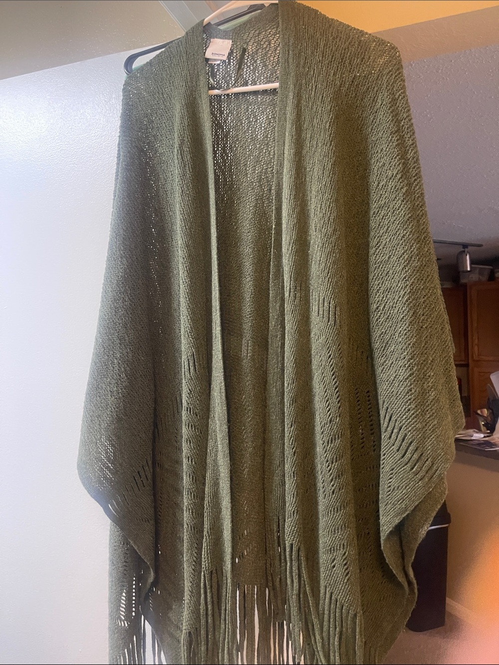Sonoma Olive Open-Front Fringe Knit Cape